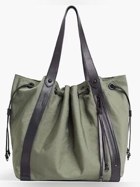 Rebecca Minkoff M.A.B. Nylon Drawstring Tote in olive green with Black Leather